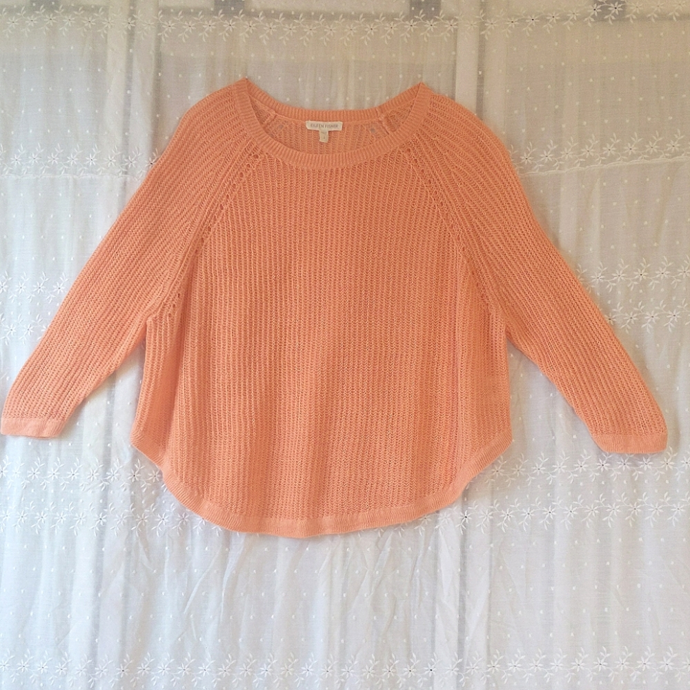 Eileen Fisher Bright Peach Lightweight Linen 3/4 Length Sleeve Sweater. Small